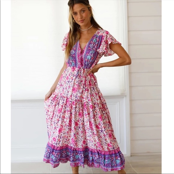 Dresses & Skirts - Girly Pink Boho Floral Gypsy Print Maxi Dress